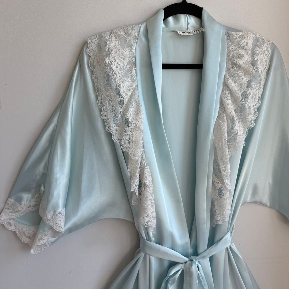 Vintage 70s/80s Christian Dior Lingerie Blue Satin Wrap Robe Union Tag